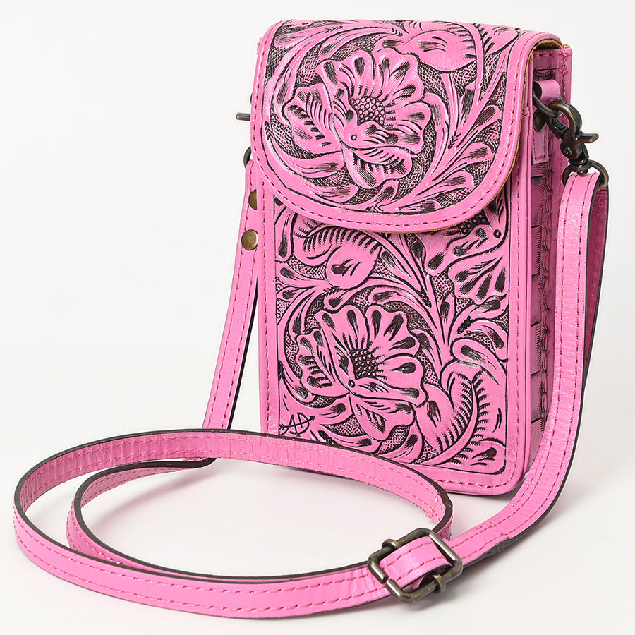 American Darling Pink Western Leather Cell Phone Holder - Hand-Tooled Floral Genuine Leather Crossbody - Uhorse