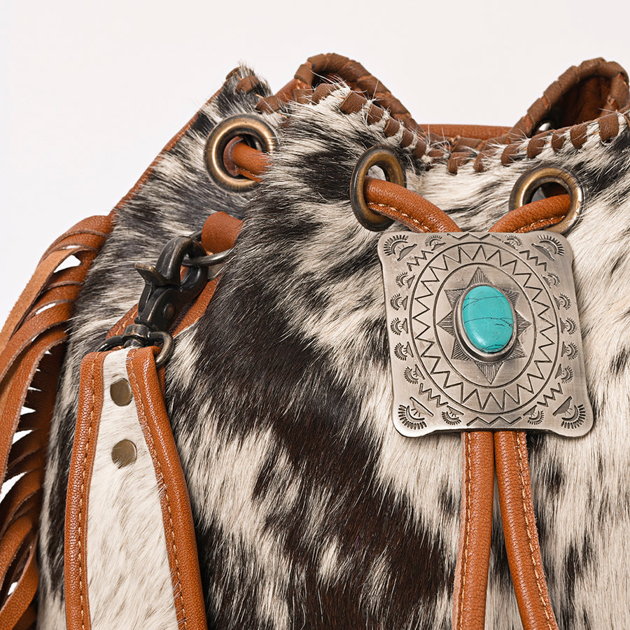 American Darling Western Bucket Bag Handcrafted from Hair-On Cowhide | Fringe Detail & Concho Accent