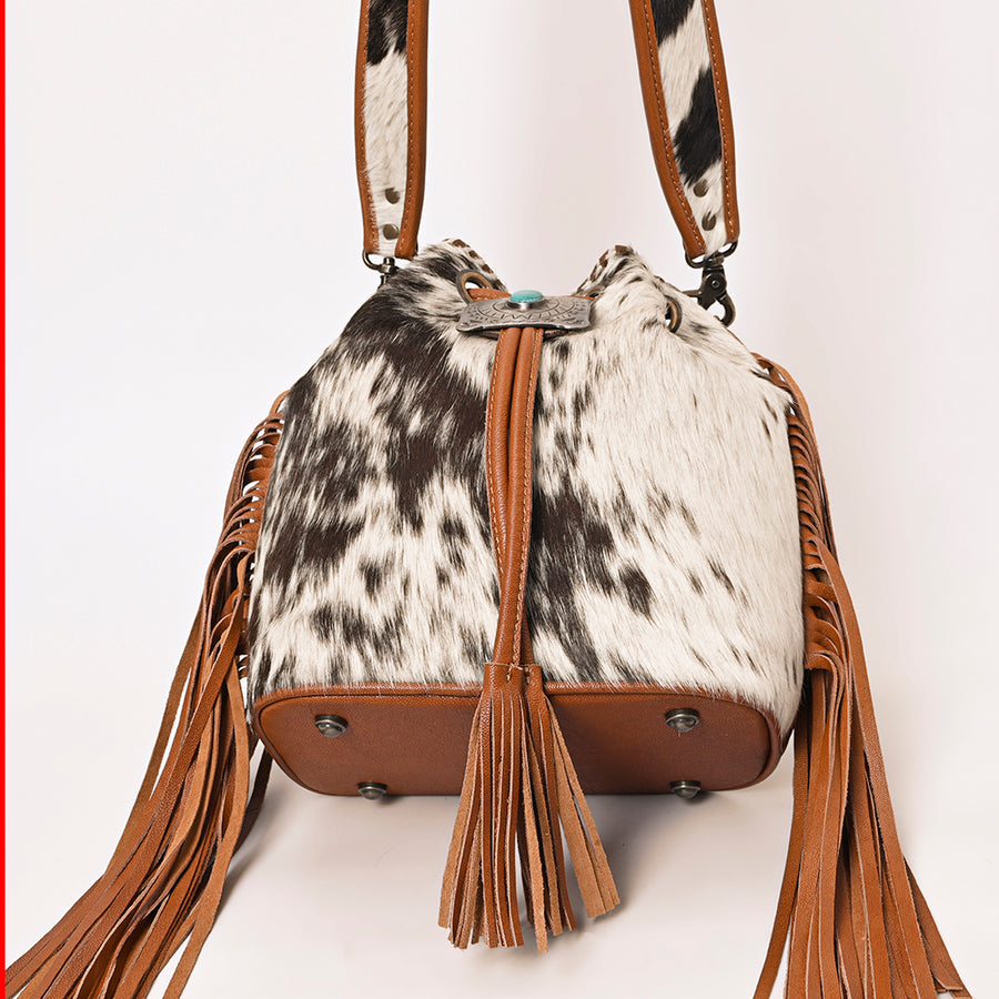 American Darling Western Bucket Bag Handcrafted from Hair-On Cowhide | Fringe Detail & Concho Accent