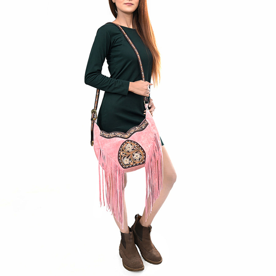 American Darling Fringed Hobo Bag Genuine Leather Hand Tooled Floral Carved Buck Stitched Western Purse YKK Zipper
