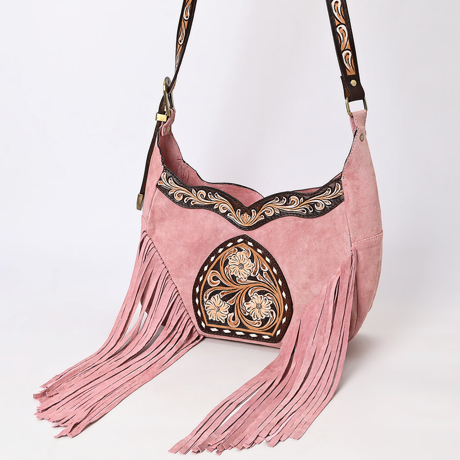 American Darling Genuine Leather Fringed Hobo Bag Hand Tooled Floral Carved - Uhorse