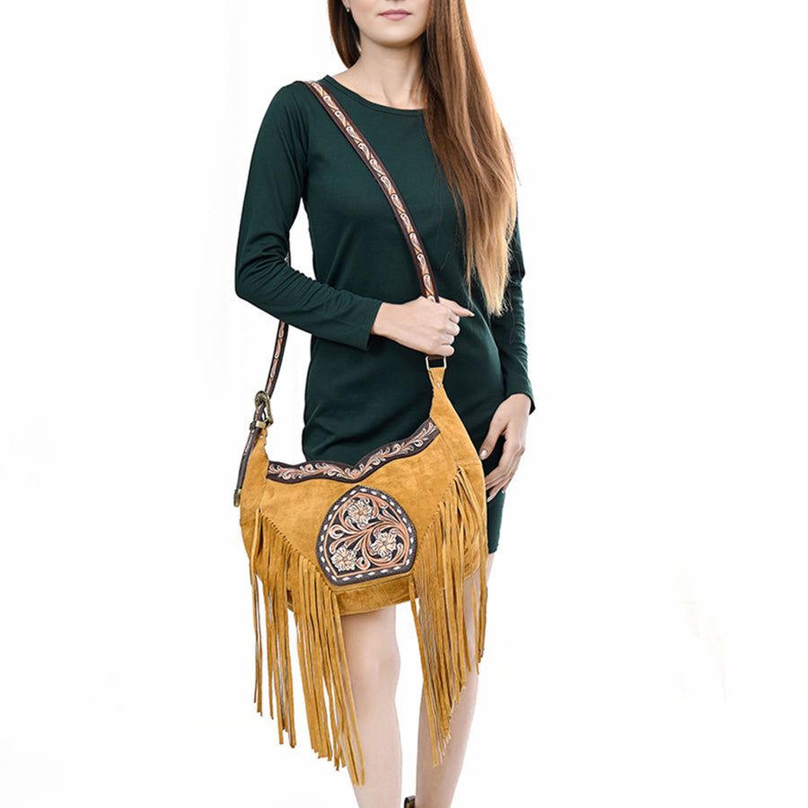 American Darling Fringed Hobo Bag Genuine Leather Hand Tooled Floral Carved Buck Stitched Western Purse YKK Zipper