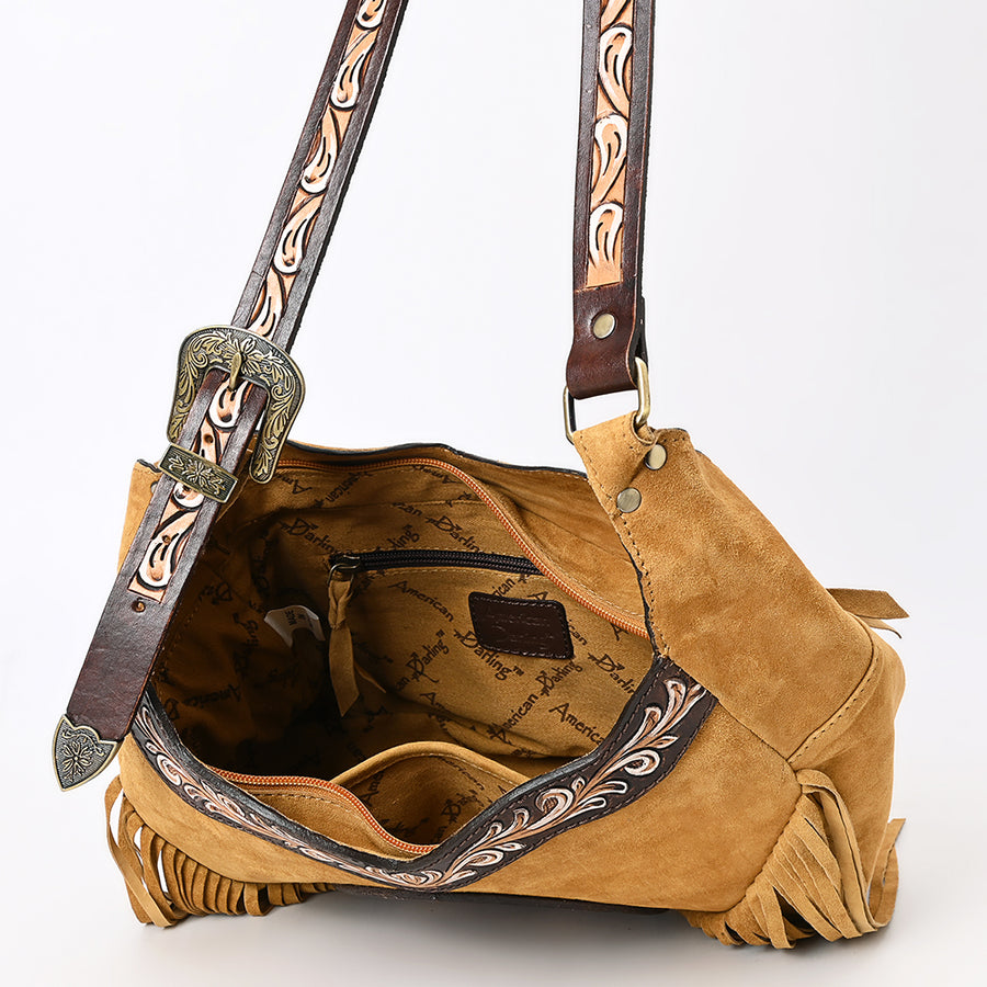 American Darling Fringed Hobo Bag Genuine Leather Hand Tooled Floral Carved Buck Stitched Western Purse YKK Zipper