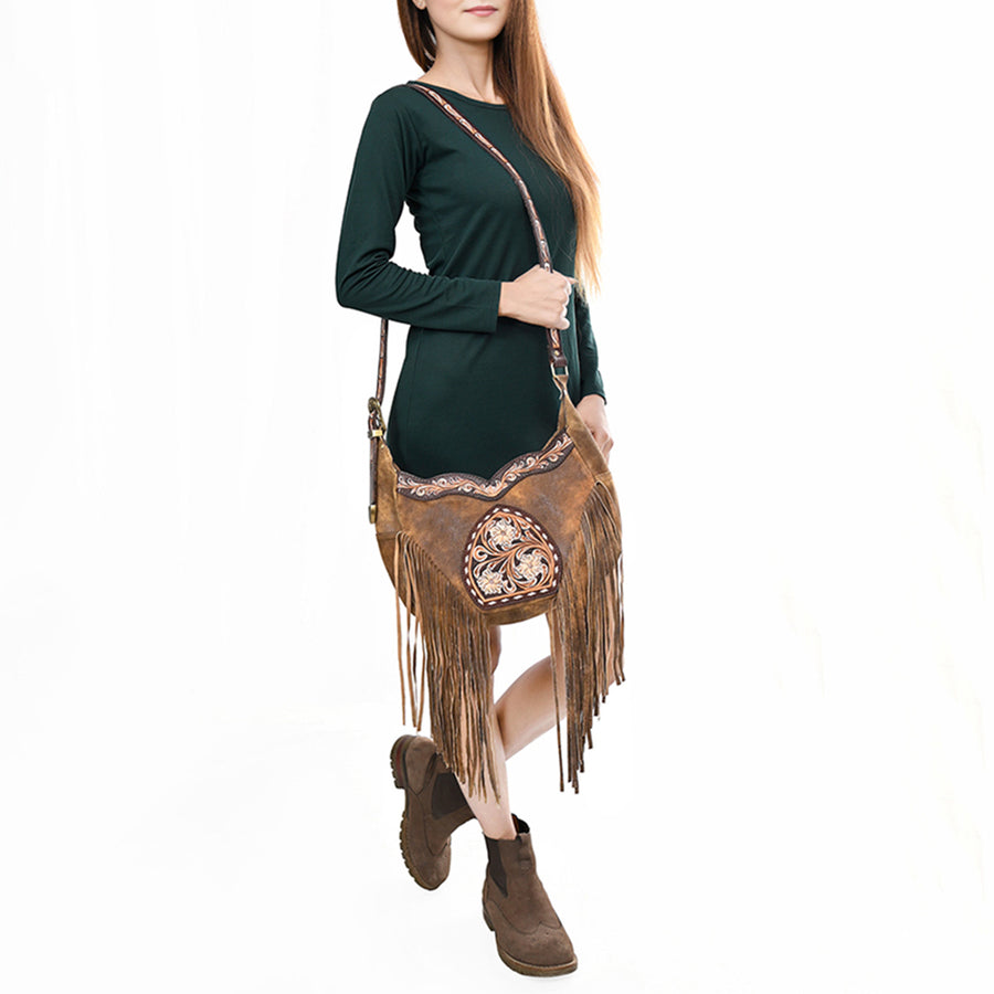 American Darling Fringed Hobo Bag Genuine Leather Hand Tooled Floral Carved Buck Stitched Western Purse YKK Zipper