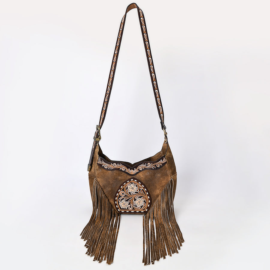 American Darling Fringed Hobo Bag Genuine Leather Hand Tooled Floral Carved Buck Stitched Western Purse YKK Zipper