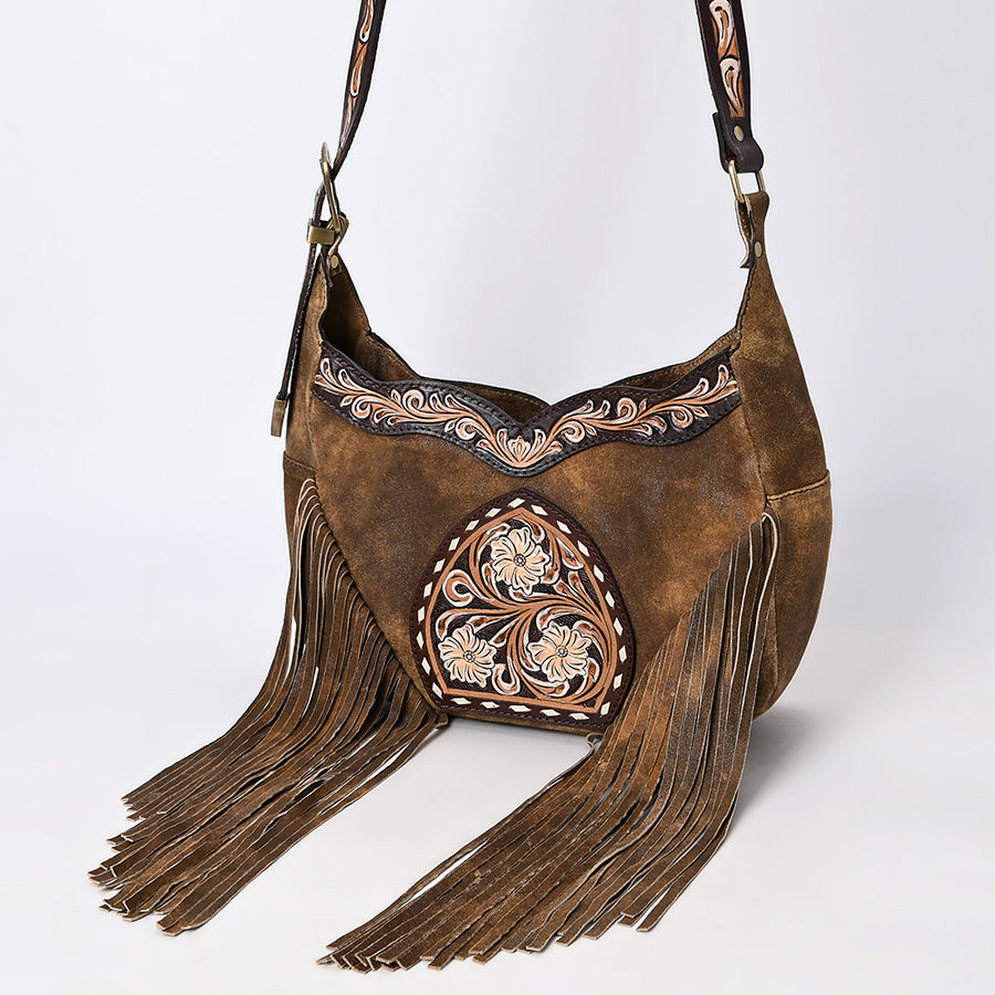 American Darling Genuine Leather Fringed Hobo Bag Hand Tooled Floral Carved - Uhorse