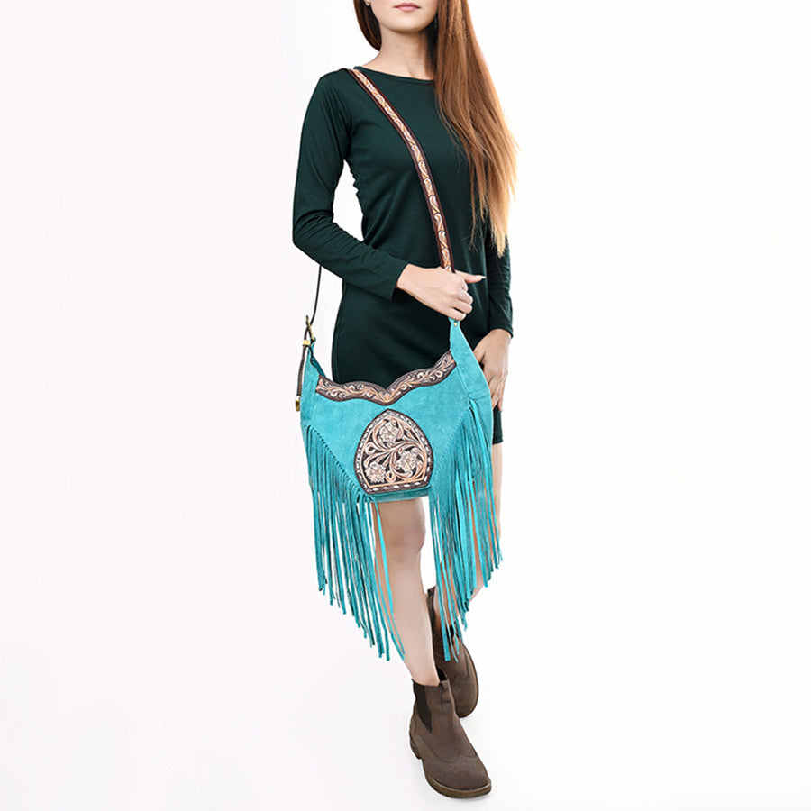 American Darling Fringed Hobo Bag Genuine Leather Hand Tooled Floral Carved Buck Stitched Western Purse YKK Zipper