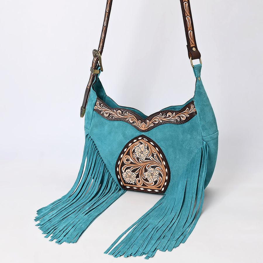 American Darling Genuine Leather Fringed Hobo Bag Hand Tooled Floral Carved - Uhorse