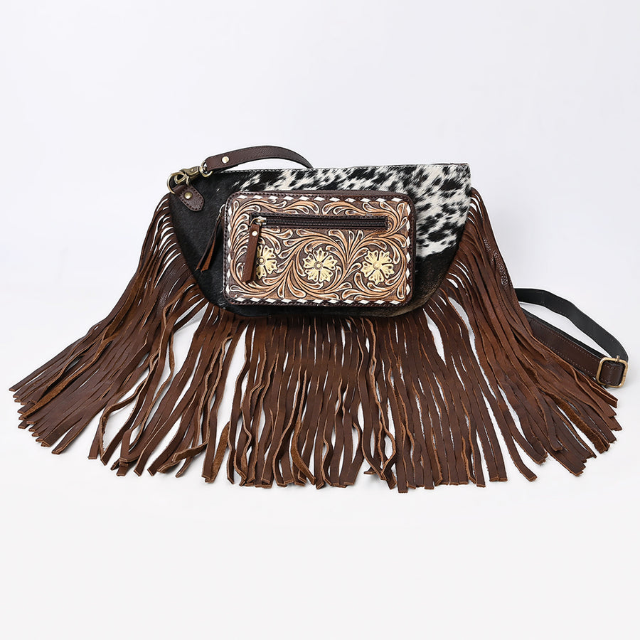 American Darling Fringed Hand Tooled Floral Carved Hair-On Cowhide Fanny Pack Eco-Friendly Genuine Leather Western Crossbody