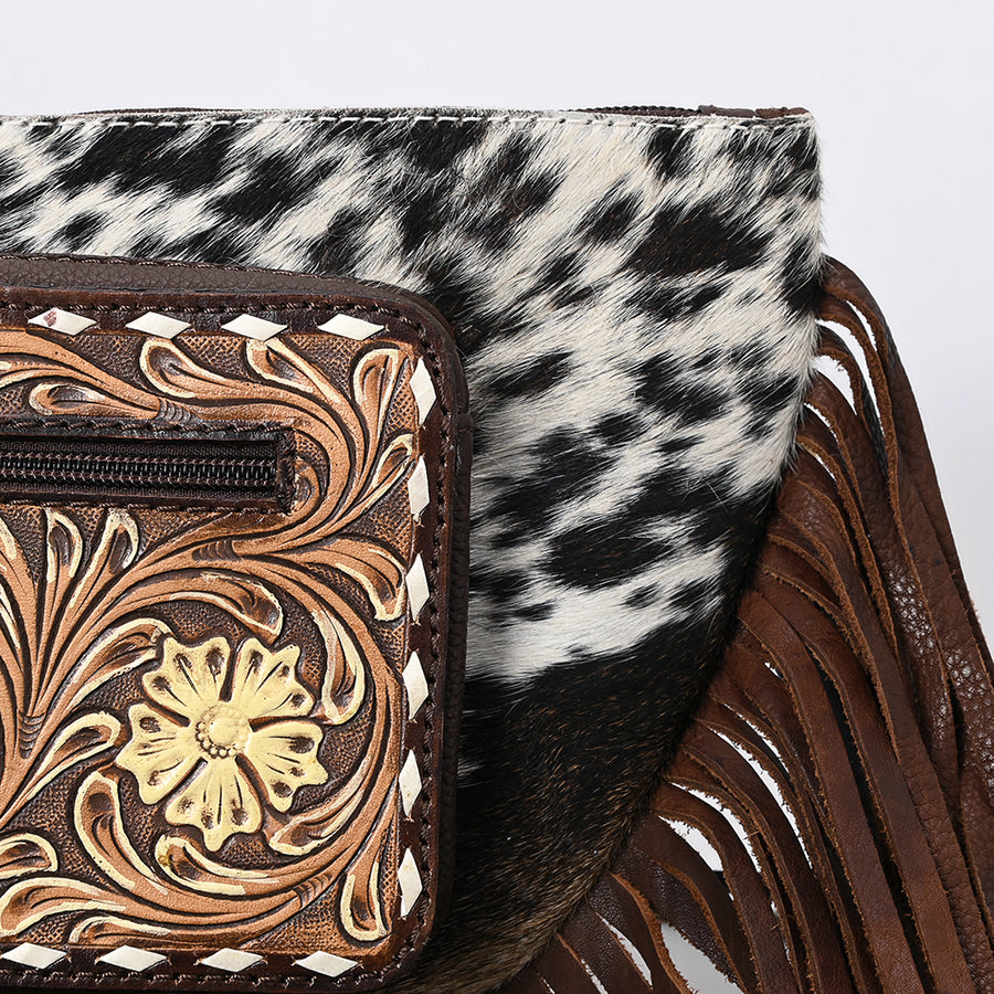 American Darling Fringed Hand Tooled Floral Carved Hair-On Cowhide Fanny Pack Eco-Friendly Genuine Leather Western Crossbody