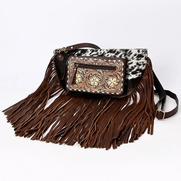 American Darling Fringed Hair-On Cowhide Hand Tooled Leather Fanny Pack - Uhorse