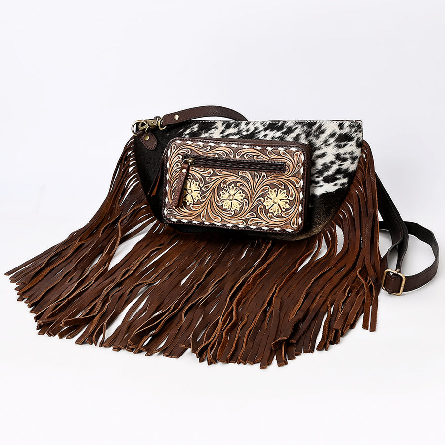 American Darling Fringed Hair-On Cowhide Hand Tooled Leather Fanny Pack - Uhorse