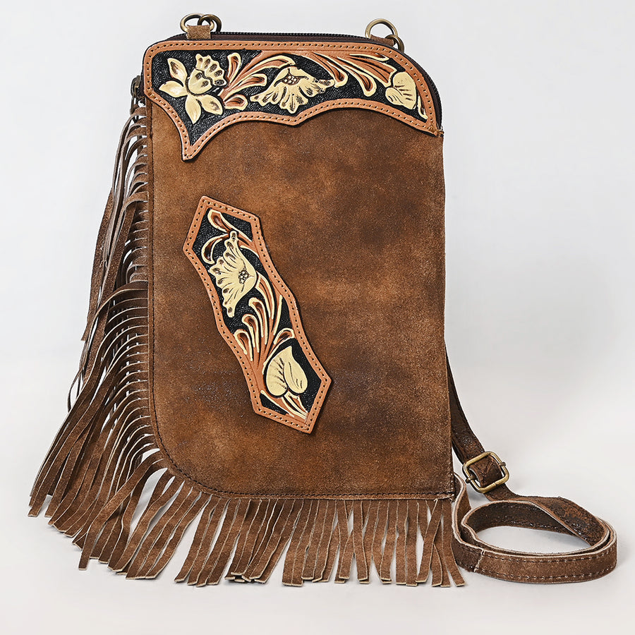 American Darling Fringed Hand Tooled Floral Carved Chaps Bag Eco-Friendly Genuine Leather Western Crossbody