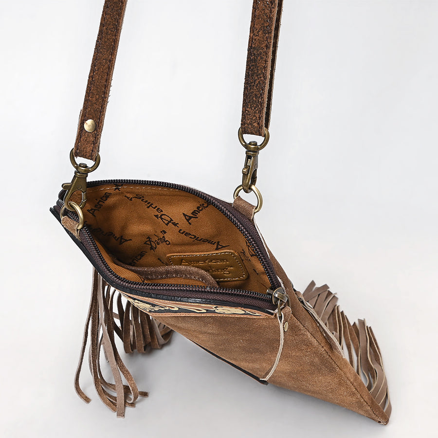 American Darling Fringed Hand Tooled Floral Carved Chaps Bag Eco-Friendly Genuine Leather Western Crossbody