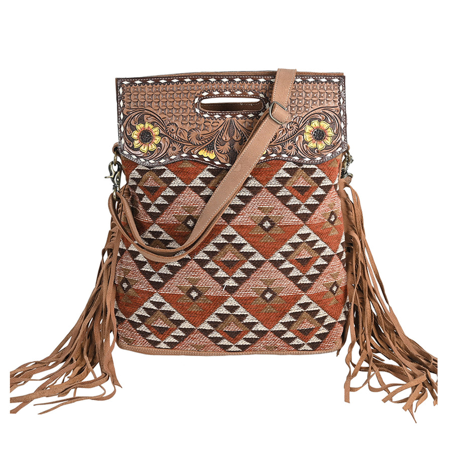 OHLAY OHV288 TOTE Hand Tooled Upcycled Wool Canvas Genuine Leather by Hilason – Cowboy and equestrian accessories