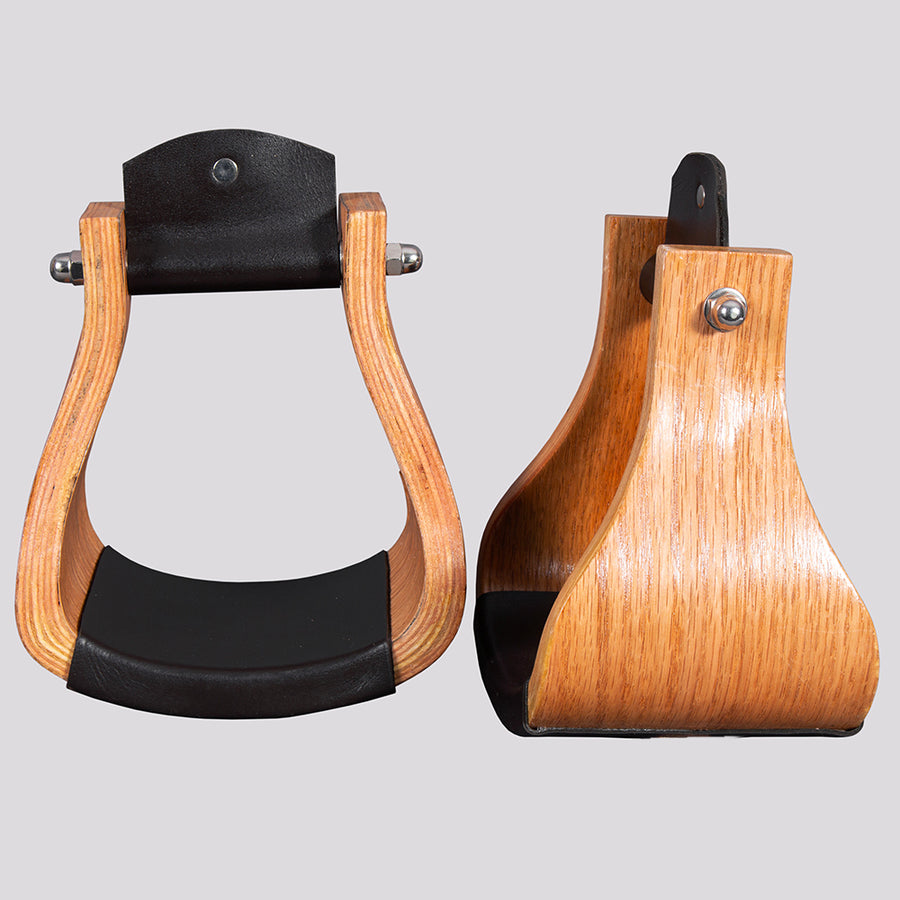 BAR H EQUINE Western Horse Oak Wood Genuine Leather Cover Bell Stirrup Tan - Uhorse