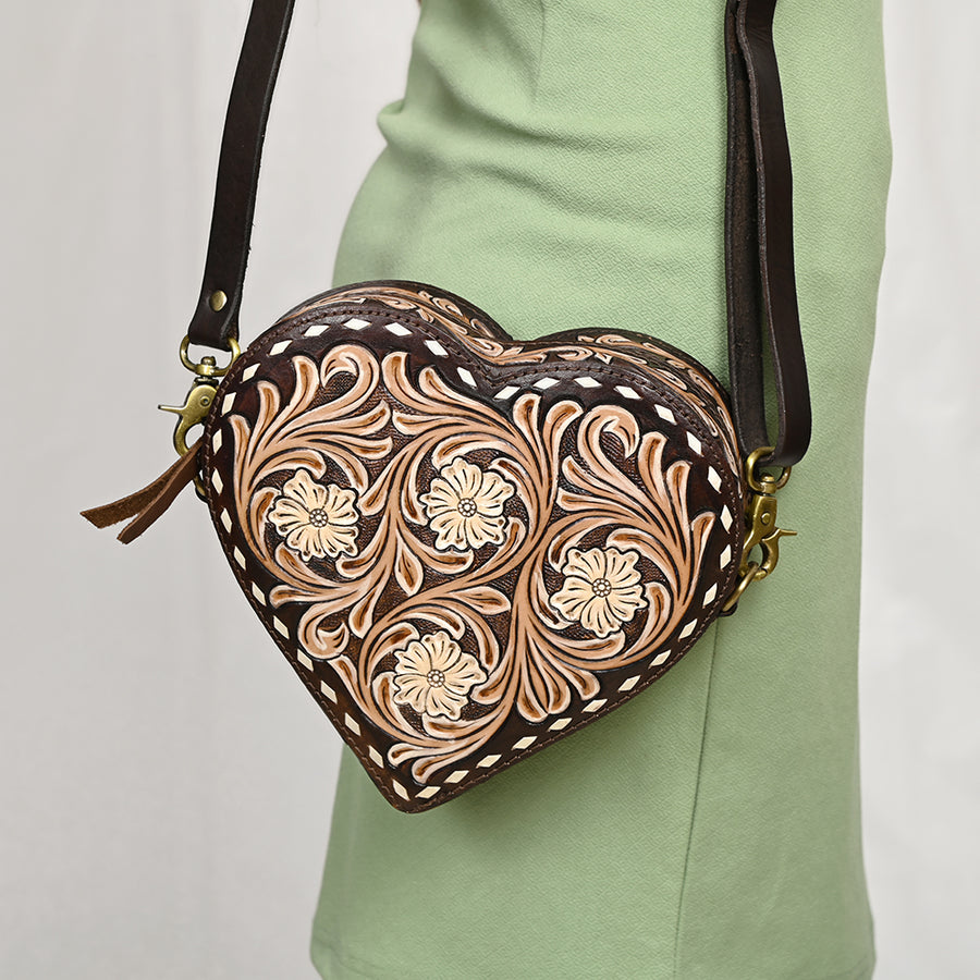 American Darling Hand Tooled Floral Carved Canteen Bag Vegetable-Tanned Genuine Leather Western Crossbody with YKK Zipper