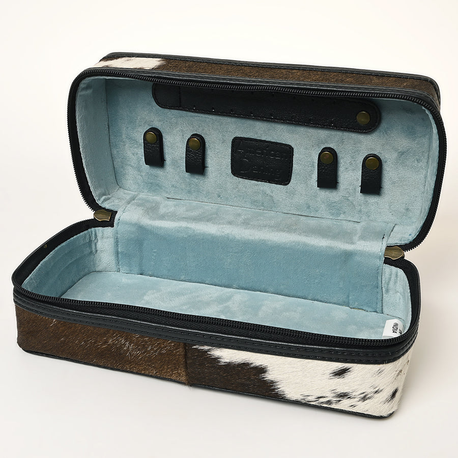American Darling Hair-On Cowhide Hand Tooled Floral Carved Leather Jewelry Case Genuine Western Leather with YKK Zipper