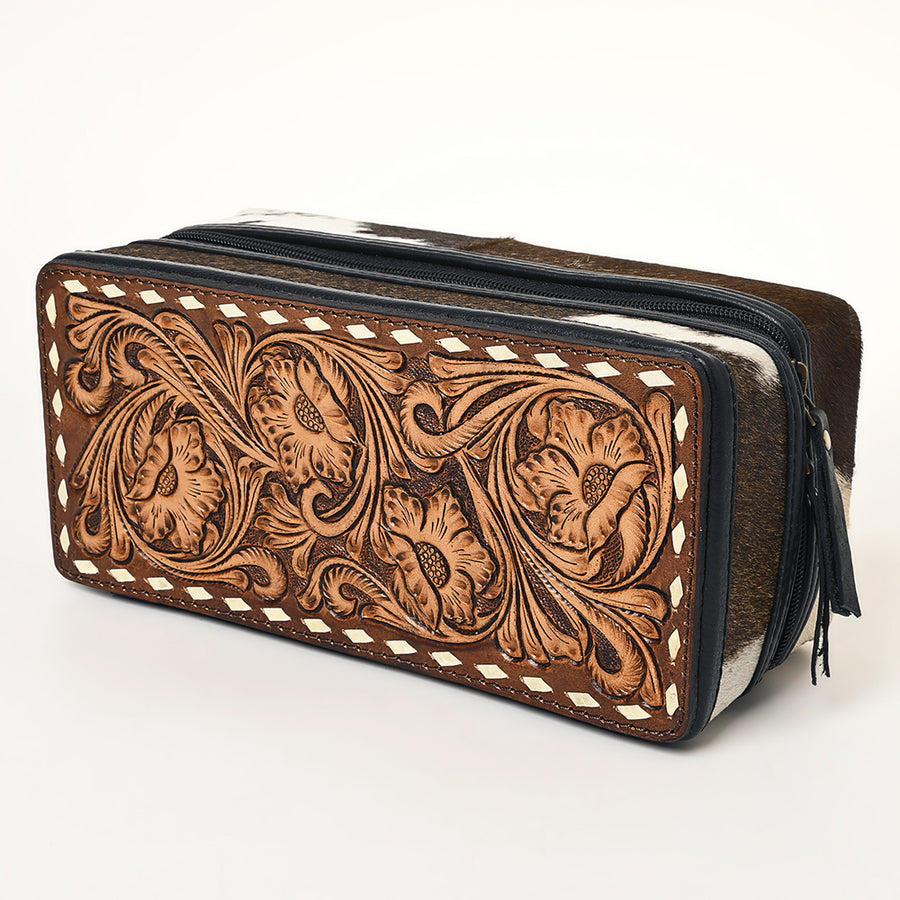 American Darling Hair-On Cowhide Hand Tooled Floral Carved Leather Jewelry Case Genuine Western Leather with YKK Zipper