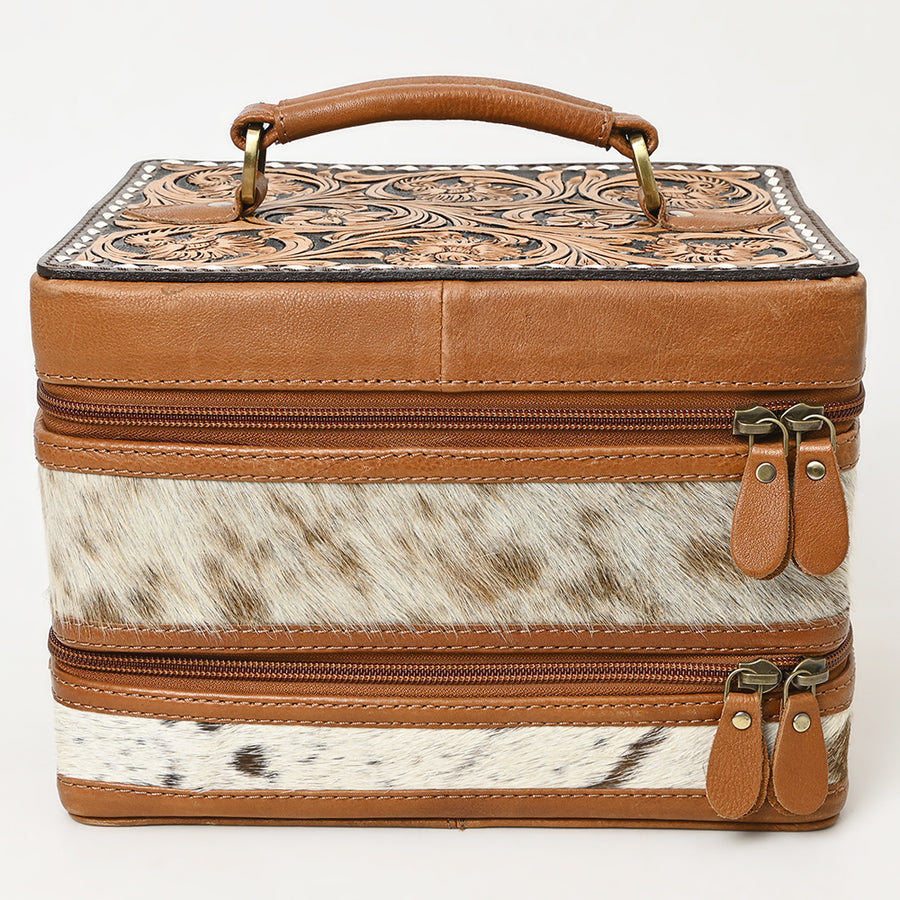 American Darling Hair-On Cowhide Hand Tooled Floral Carved Leather Jewelry Case Genuine Western Leather with YKK Zipper
