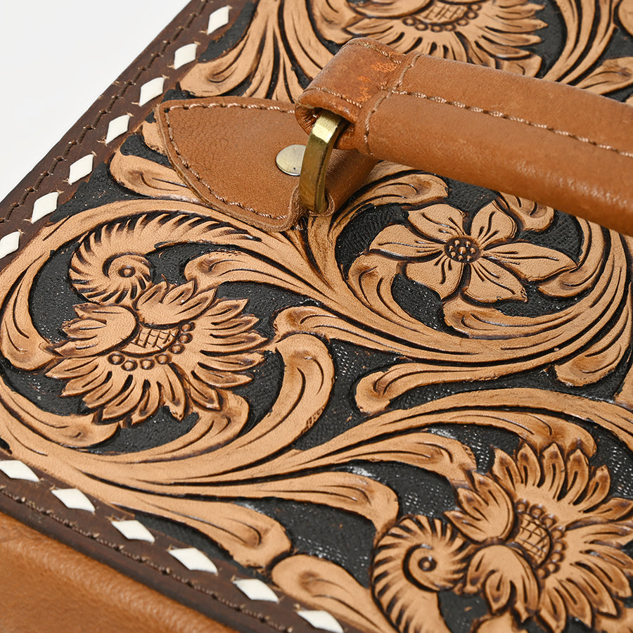 American Darling Hair-On Cowhide Hand Tooled Floral Carved Leather Jewelry Case Genuine Western Leather with YKK Zipper