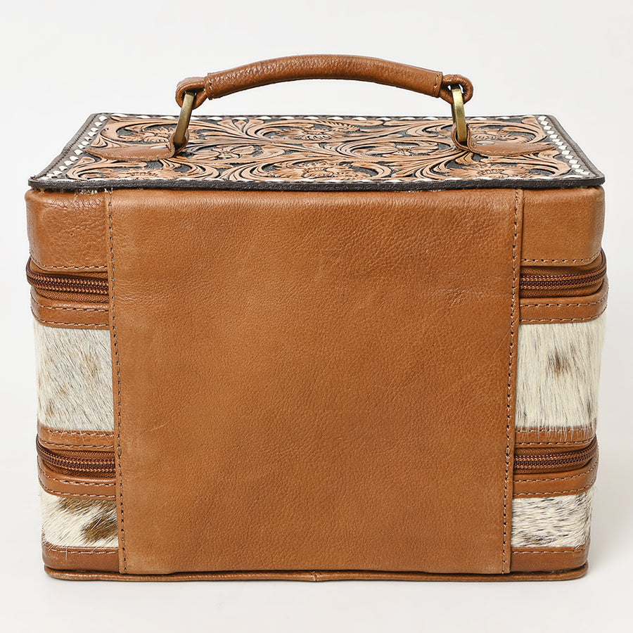 American Darling Hair-On Cowhide Hand Tooled Floral Carved Leather Jewelry Case Genuine Western Leather with YKK Zipper
