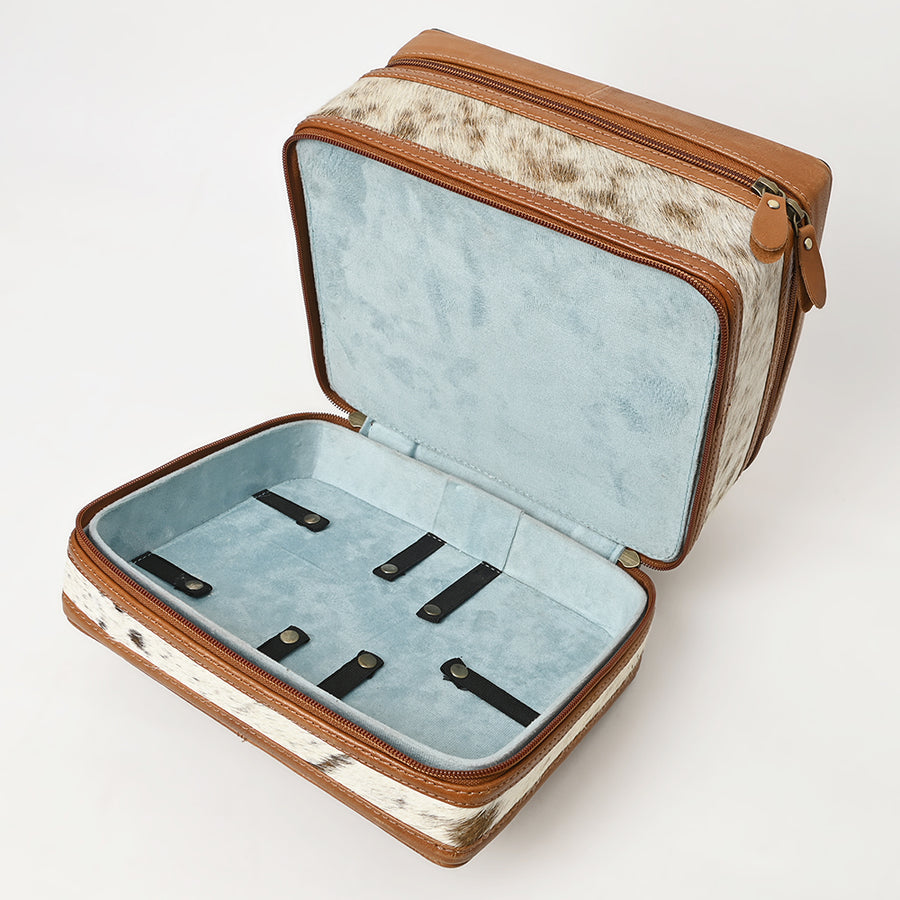 American Darling Hair-On Cowhide Hand Tooled Floral Carved Leather Jewelry Case Genuine Western Leather with YKK Zipper