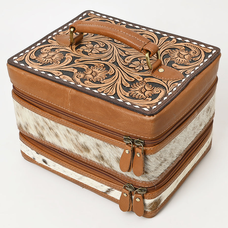 American Darling Hair-On Cowhide Floral Carved Leather Jewelry Case - Hilason