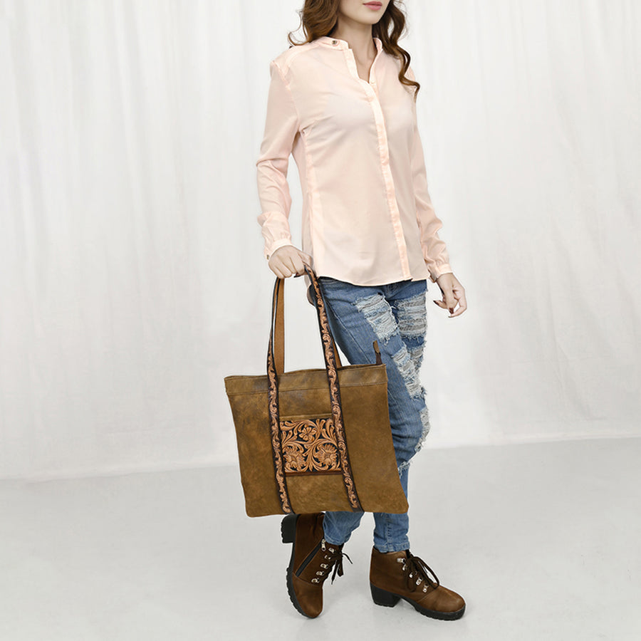American Darling Leather Hand Tooled Floral Carved Tote Bag Eco-Friendly Vegetable-Tanned Genuine Leather Western Purse YKK Zipper
