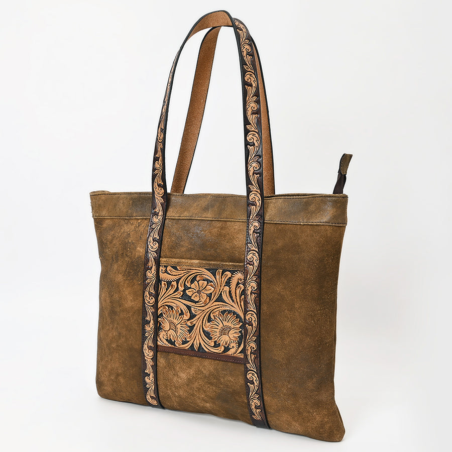 American Darling Leather Hand Tooled Floral Carved Tote Bag Western Purse - Uhorse