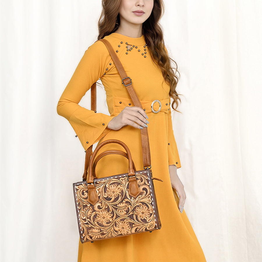 American Darling Western Mini Tote Handcrafted from Hand Tooled Genuine Leather | Floral Carved & Well Compartmentalized Handbag
