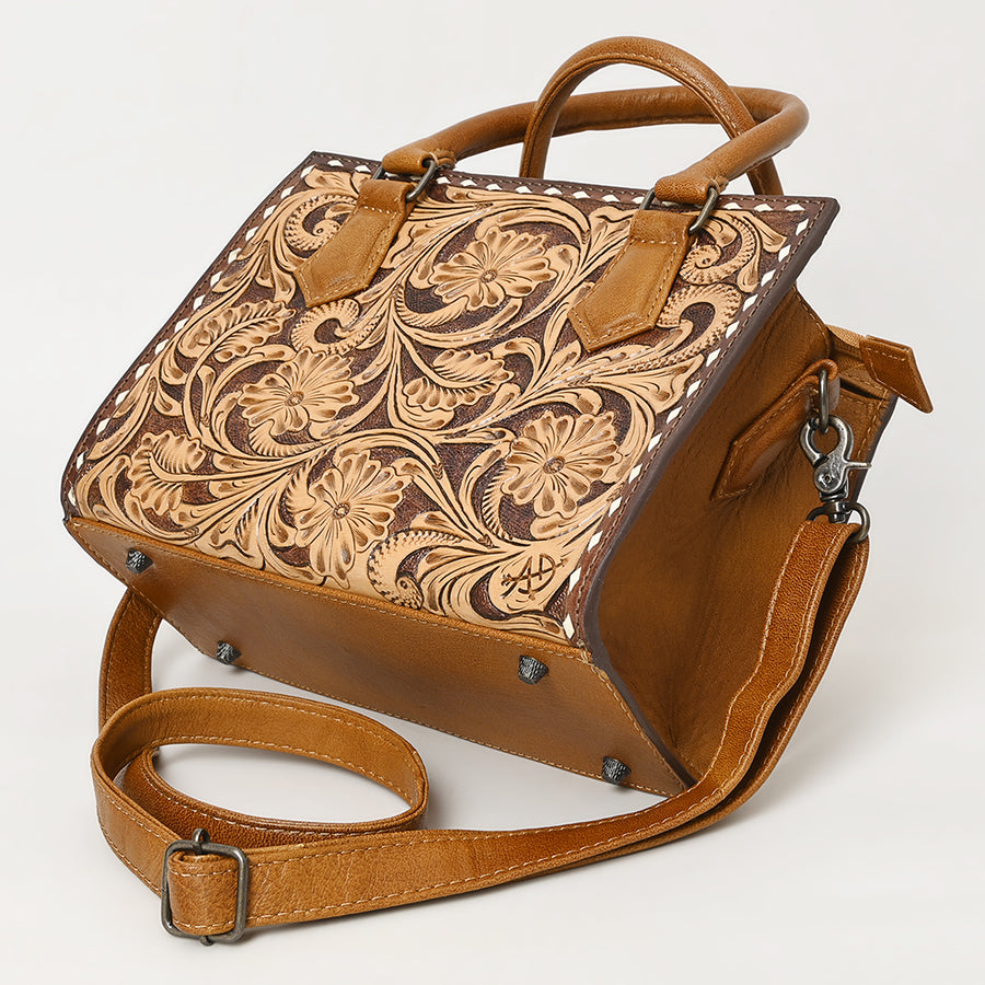 American Darling Western Mini Tote Handcrafted from Hand Tooled Genuine Leather | Floral Carved & Well Compartmentalized Handbag