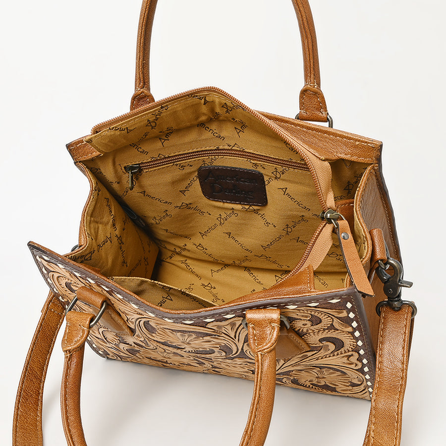 American Darling Western Mini Tote Handcrafted from Hand Tooled Genuine Leather | Floral Carved & Well Compartmentalized Handbag