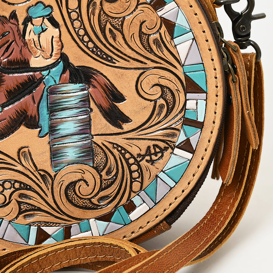 American Darling Western Round Canteen Bag Handcrafted from Tooled Genuine Leather | Barrel Racer Scene & Dual Compartment