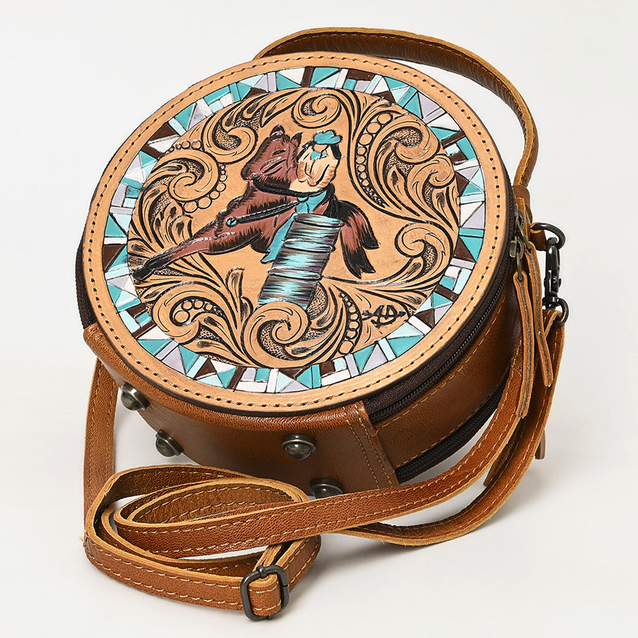 American Darling Western Round Canteen Bag Handcrafted from Tooled Genuine Leather | Barrel Racer Scene & Dual Compartment