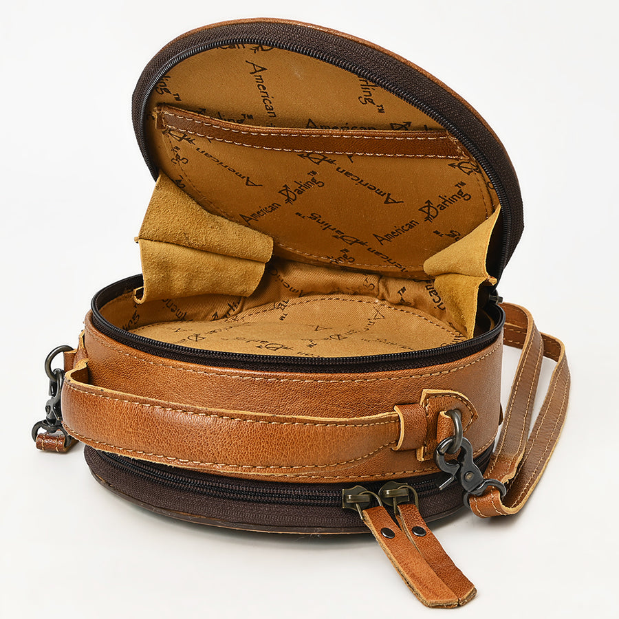American Darling Western Round Canteen Bag Handcrafted from Tooled Genuine Leather | Barrel Racer Scene & Dual Compartment
