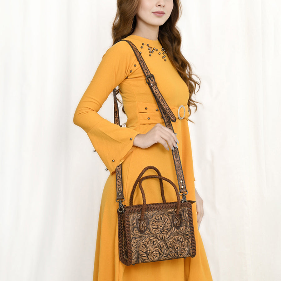 American Darling Western Hand-Tooled Tote Bag – Genuine Leather Floral Carved Carryall with Strap for Everyday Use