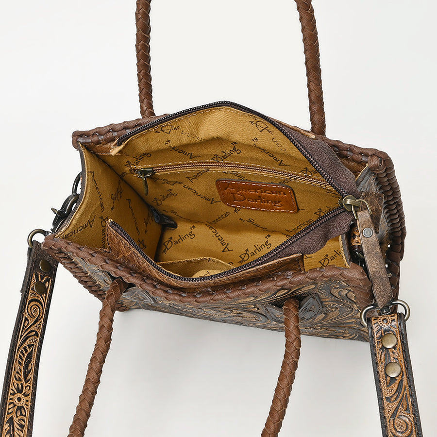 American Darling Western Hand-Tooled Tote Bag – Genuine Leather Floral Carved Carryall with Strap for Everyday Use
