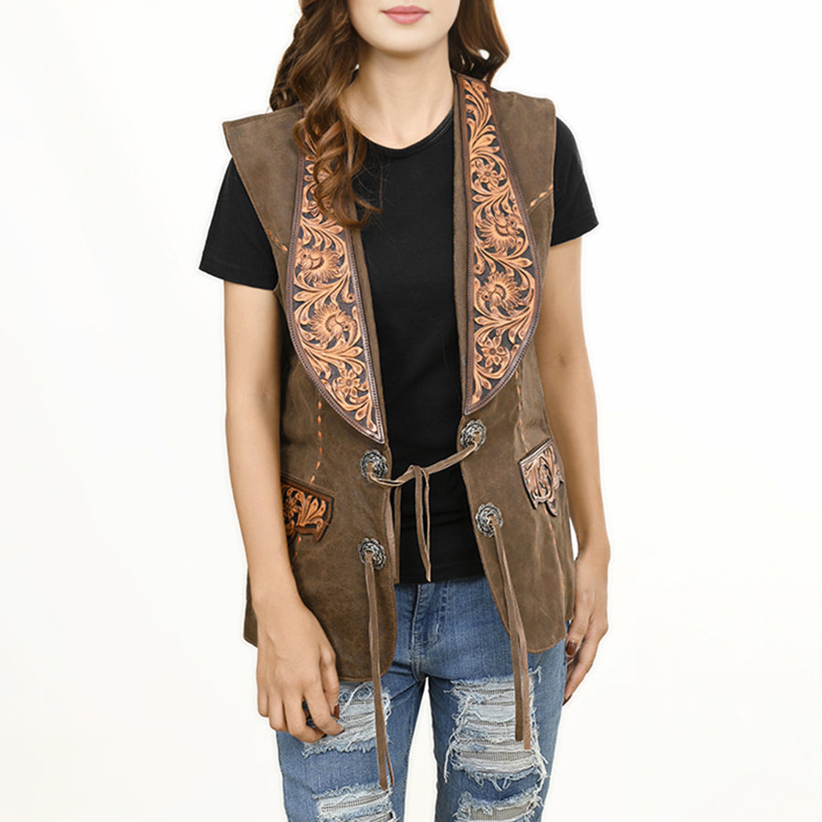 American Darling Genuine Vintage leather Hand tooled hand carved Women Blazer shirt jacket dress ladies girl - Uhorse