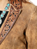 American Darling Women’s Premium Genuine Leather Blazer - Hand-Tooled Western Lapel Jacket, Vintage Brown Cowgirl Coat