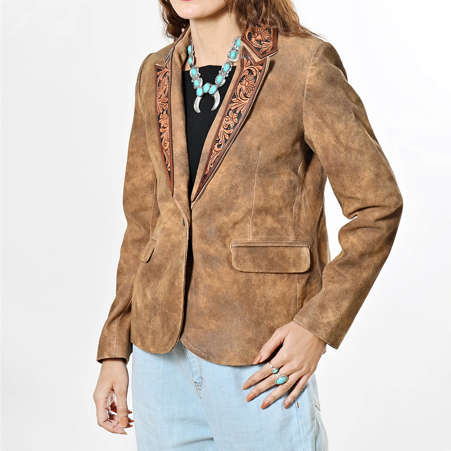 American Darling Women’s Premium Genuine Leather Blazer - Hand-Tooled Western Lapel Jacket, Vintage Brown Cowgirl Coat