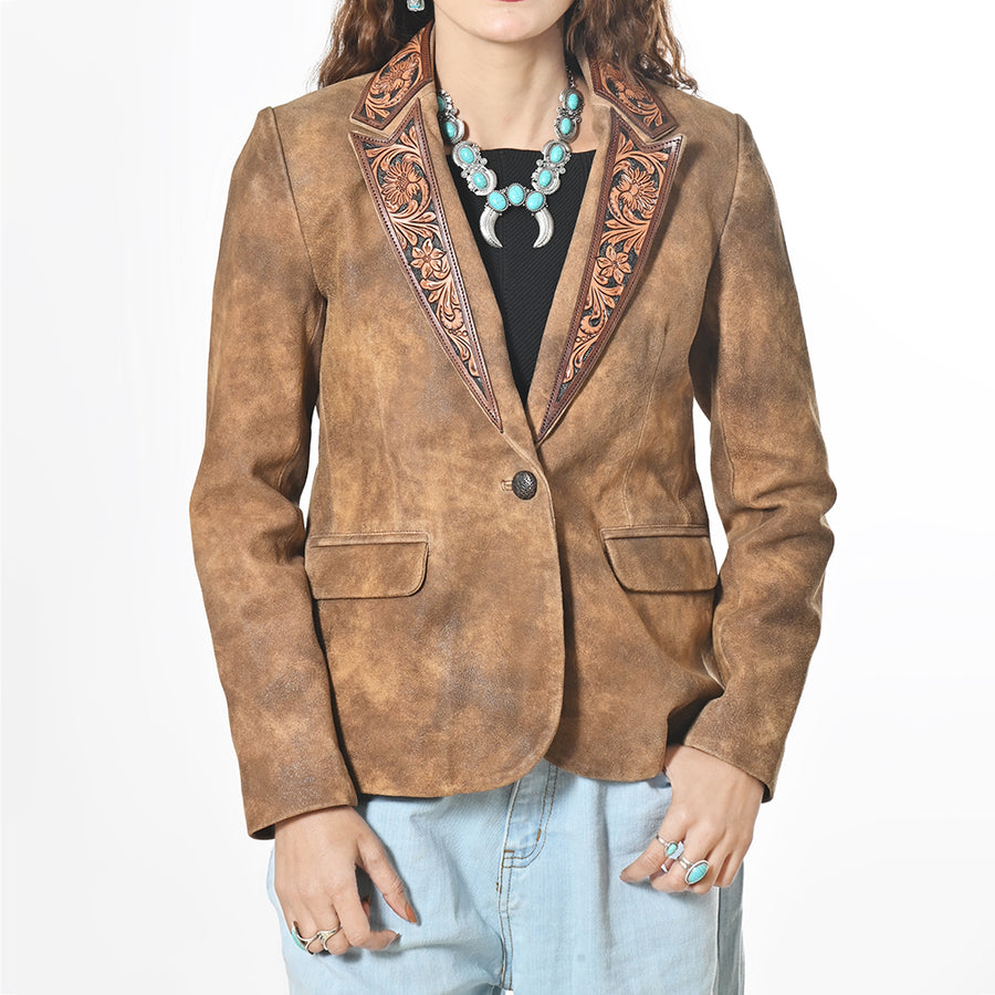American Darling Women's Genuine Leather Blazer - Hand-Tooled Western Lapel Jacket, Vintage Brown Cowgirl Coat - Uhorse
