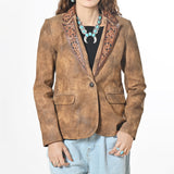 American Darling Women's Genuine Leather Blazer - Hand-Tooled Western Lapel Jacket, Vintage Brown Cowgirl Coat - Uhorse