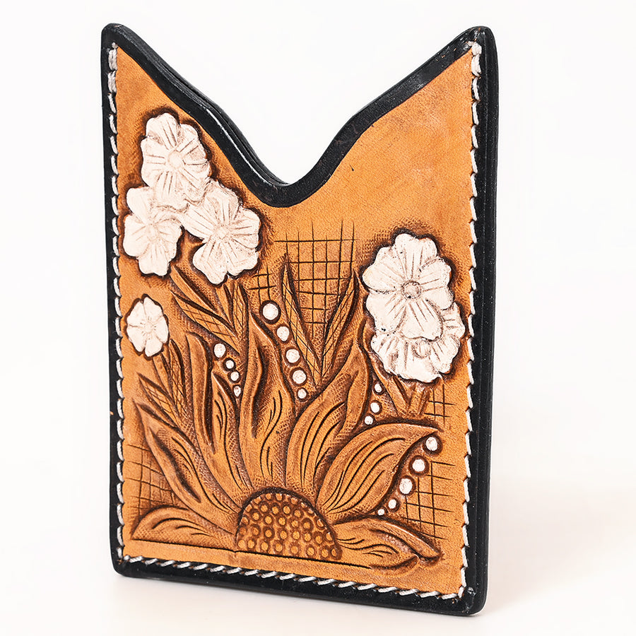 American Darling Floral Women and Men Hand Carved Genuine Leather Card Holder Tan / White - Hilason