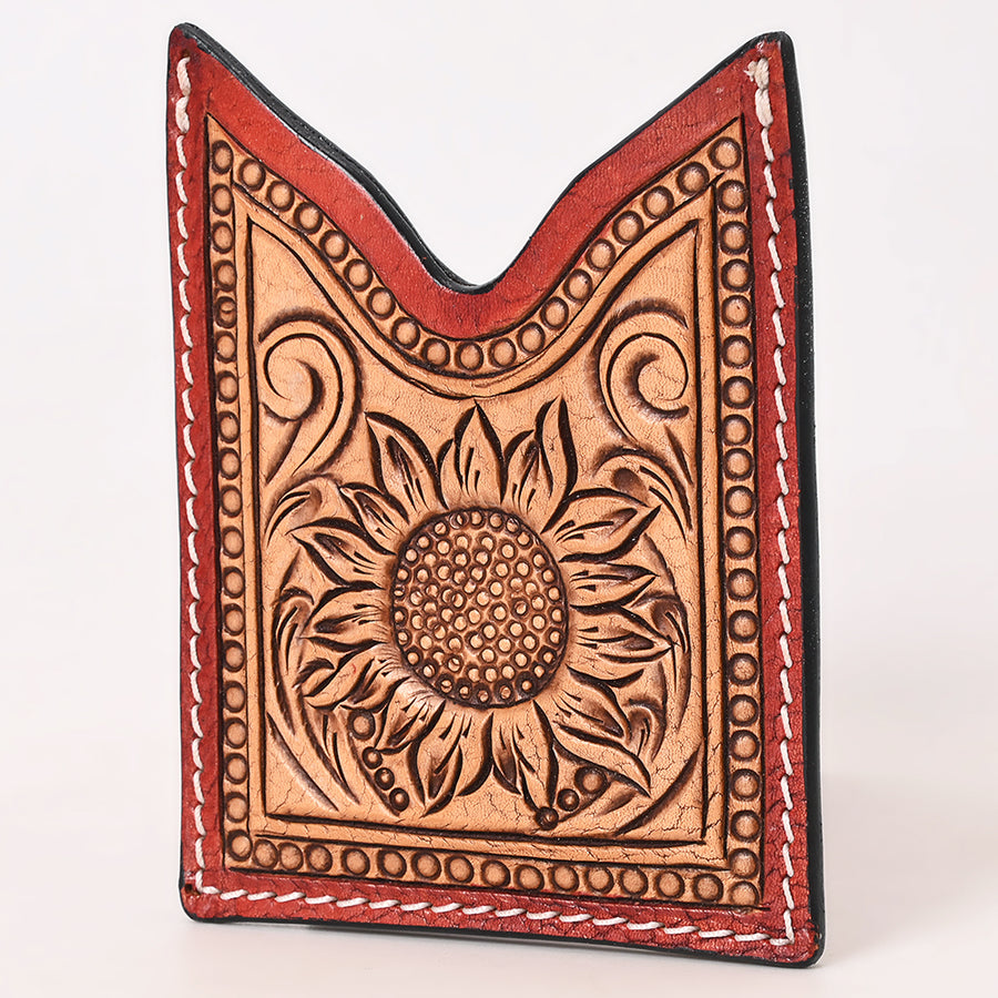 American Darling Floral Women and Men Hand Carved Genuine Leather Card Holder Tan / Brown - Hilason