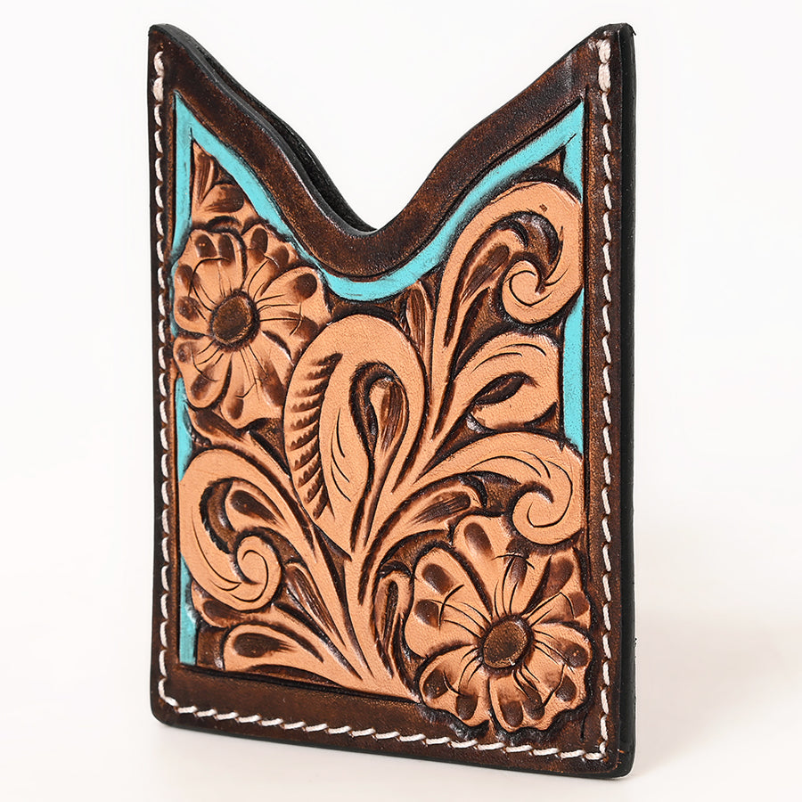 American Darling Floral Women and Men Hand Carved Genuine Leather Card Holder Turquoise / Brown - Uhorse
