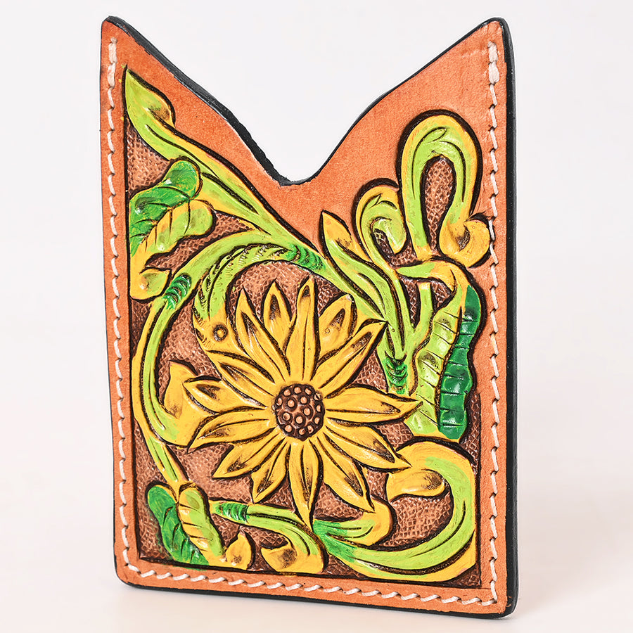 American Darling Floral Women and Men Hand Carved Genuine Leather Card Holder Tan / Yellow - Uhorse