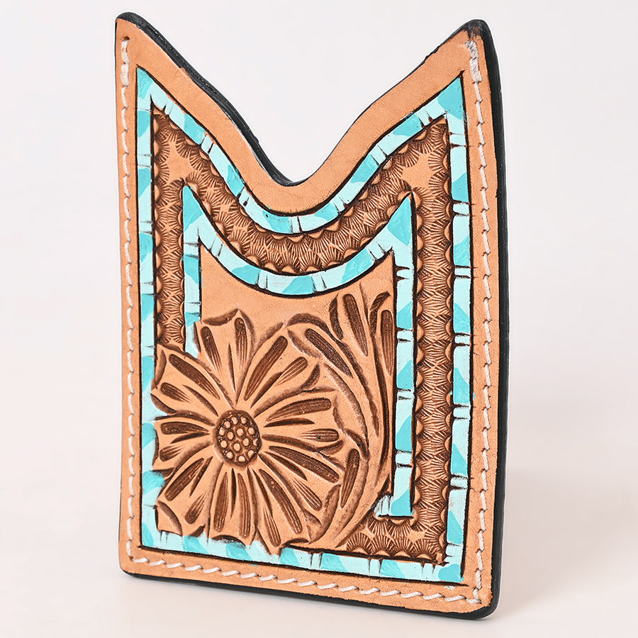 American Darling Floral Women and Men Hand Carved Genuine Leather Card Holder Turquoise / Tan - Uhorse