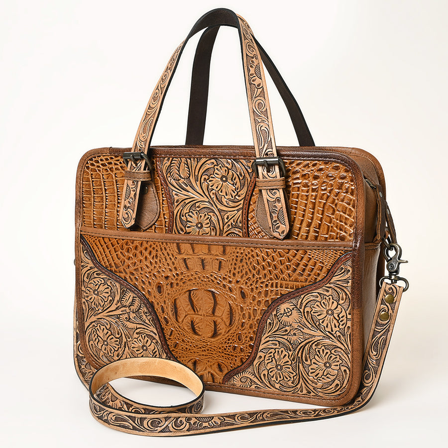 American Darling Turquoise Crocdile Embossed and Hand Tooled Leather Briefcase Tote - Hilason