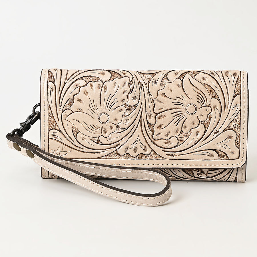 American Darling Western Leather Clutch Wallet Hand Tooled Floral Carved with Wristlet Strap